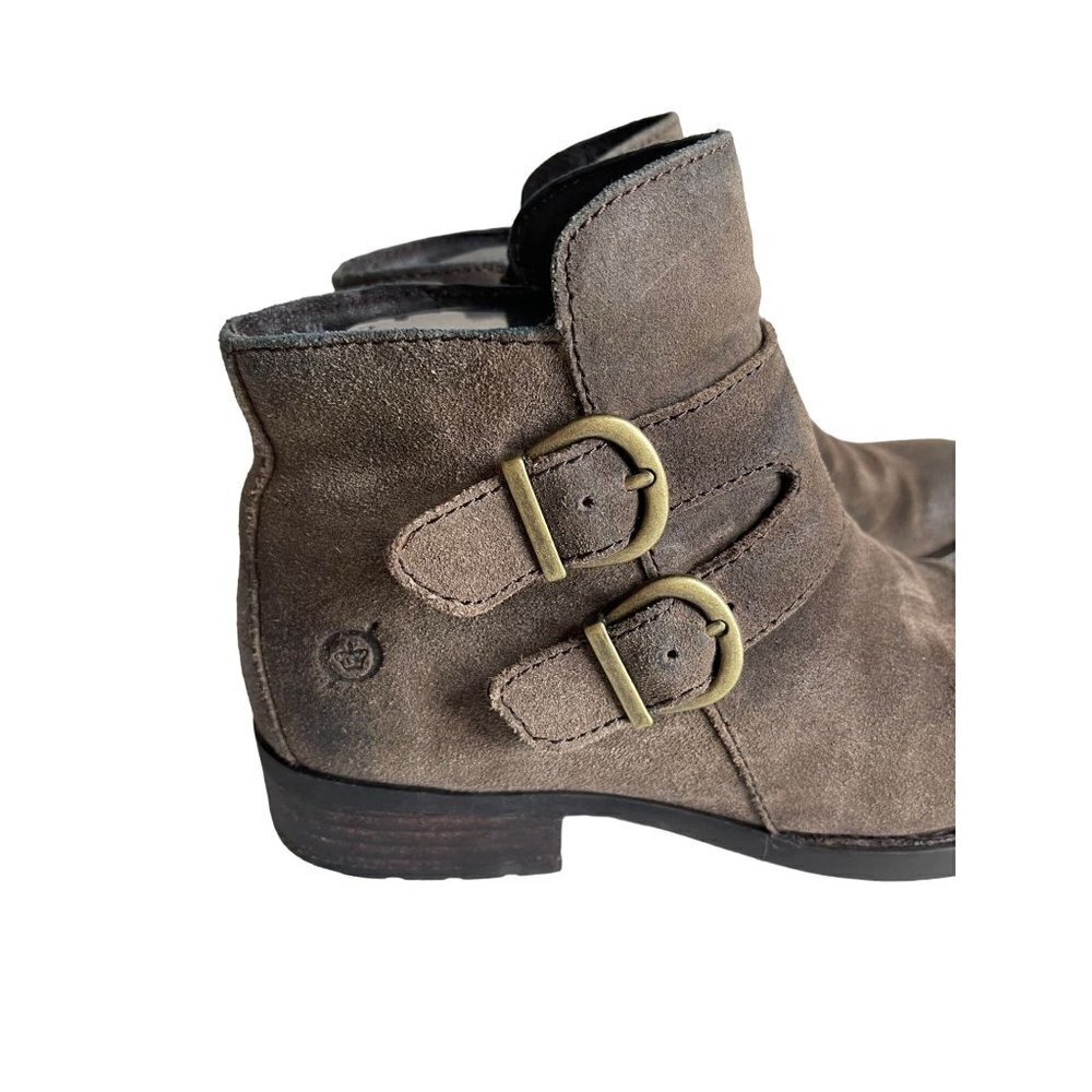 BORN Size 6M Brown Suede Leather Side Zip Double Buckle Round Toe Ankle Booties - Picture 3 of 9